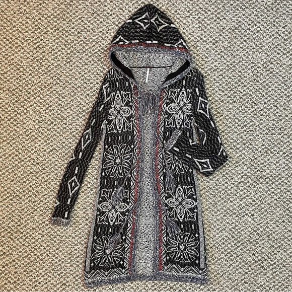 Free People Kai Open Front Pom Pom Tassel Tie Hooded Duster Cardigan - Picture 3 of 14